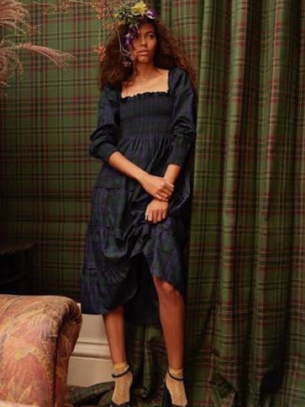 Hill House Home Green Tartan Plaid Nap Dress Long Sleeve Midi
